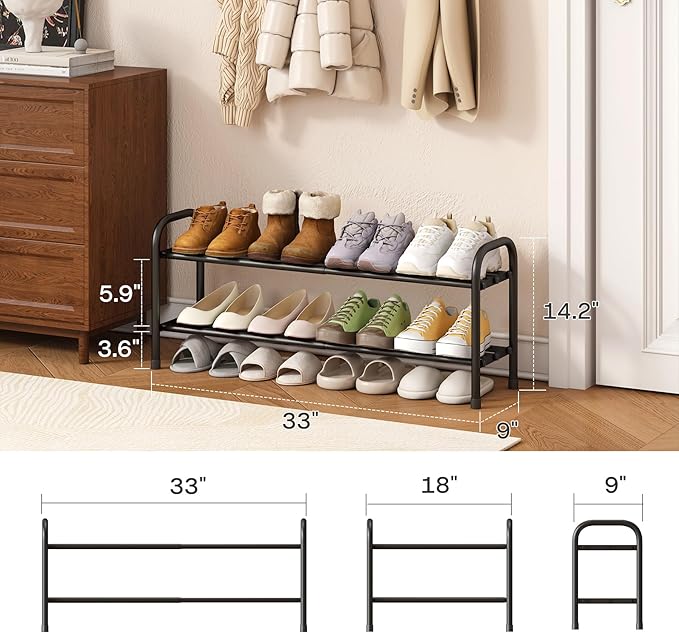 kiplant Shoe Rack for Closet, Black 2-Tier Expandable Closet Shoe Rack Metal Organizer, Heavy Duty Shoe Storage Shelf for Entryway, Doorway, Narrow Space