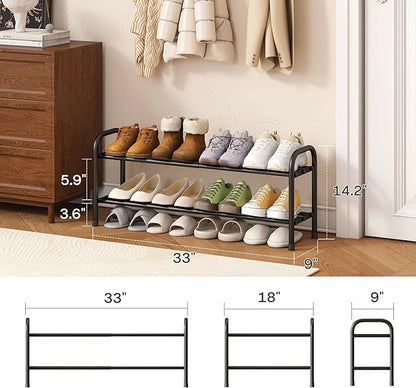 kiplant Shoe Rack for Closet, Black 2-Tier Expandable Closet Shoe Rack Metal Organizer, Heavy Duty Shoe Storage Shelf for Entryway, Doorway, Narrow Space