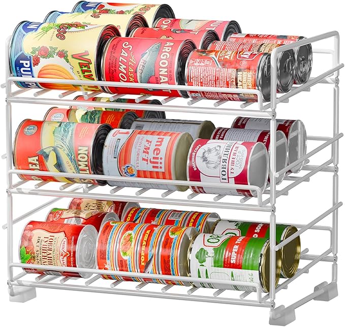 SUFAUY 3 Tier Can Organizer for Pantry, Holds 36 Cans, Heavy Duty Metal Shelves for Storage, White