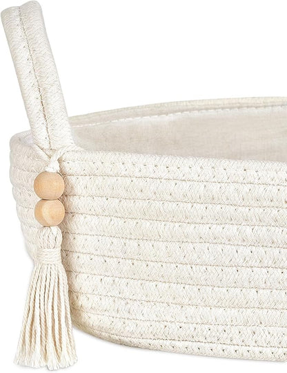 Mkono Small Storage Basket for Toilet Tank Top Boho Bathroom Decor Woven Rope Toilet Paper Tray Organizer for Shelf Bedroom Living Room, White, 1 Pack, 13" L x 6" W