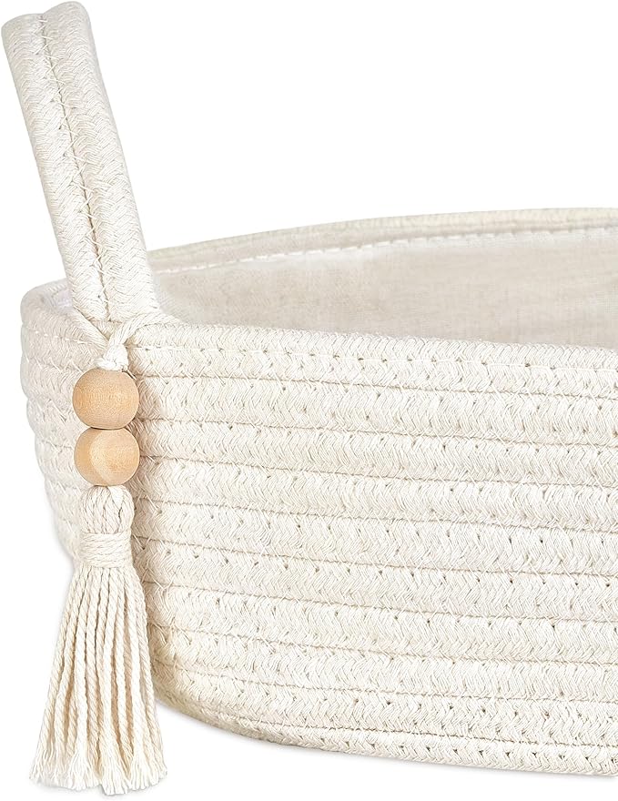 Mkono Small Storage Basket for Toilet Tank Top Boho Bathroom Decor Woven Rope Toilet Paper Tray Organizer for Shelf Bedroom Living Room, White, 1 Pack, 15.7" L x 6" W