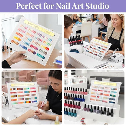 Segbeauty 120 Colors Nail Art Display Board with Accessories, Acrylic Rack Colors Showing Shelf for Nail Sample Display Practice, Nails Stand with False Tips Double Sided Tape Tweezers Number Stickers