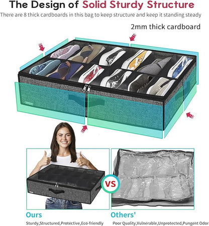 Onlyeasy Sturdy Under Bed Shoe Storage Organizer, Set of 2, Fit 12 to 24 Pairs, Underbed Shoes Closet Storage Solution with Clear Window, Breathable, L29.3 x W23.6 x H5.9, Linen-like Black, MXAUBSB2P