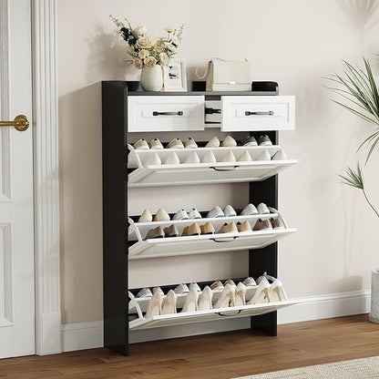 Shoe Cabinet with 3 Large Flip Drawers & 2 Storage Drawers, Narrow Shoe Organizer Cabinet Fits for Kinds of Shoes, Slim Shoe Storage Cabinet for Entryway, Hallway, Bedroom, Black and White