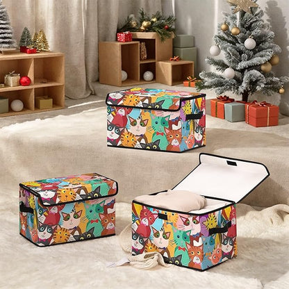 Stackable Clothes Storage Bins with Lids,Closet Organizers Fabric Cat Printing Box for Home and Office,Blanket Clothes Organizers,Under Bed Storage Containers 3 Pack.