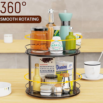 Lazy Susan Organizer 2 Tier - 12.4" Turntable Spice Rack for Table Top, Wooden Rotating Lazy Susan for Cabinet Pantry Kitchen Countertop Dining Table Cupboard Bathroom Vanity Storage(Black)