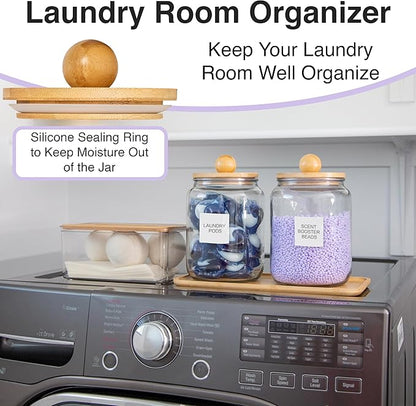 Glass Laundry Jars with Airtight Lids - Kitchen & Laundry Room Organization Containers with Dryer Sheet Holder,Bamboo Tray - Laundry Detergent Powder Half Gallon Storage Canisters with Labels
