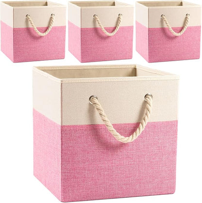 PRANDOM Large Foldable Cube Storage Bins 11x11 inch [4-Pack] Fabric Linen Storage Baskets Cubes Drawer with Cotton Handles Organizer for Shelves Nursery Closet Bedroom Pink