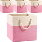 PRANDOM Large Foldable Cube Storage Bins 11x11 inch [4-Pack] Fabric Linen Storage Baskets Cubes Drawer with Cotton Handles Organizer for Shelves Nursery Closet Bedroom Pink