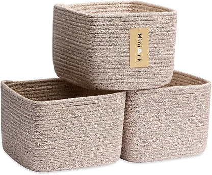 MiniArk Small Organizing Baskets for Cubes Shelf, 9.7x9.7x7.1 Inch Rope Woven Storage Bins for Nursery Shelves Storage, Cute Toy Basket, Square 3 Packs Mixed Brown