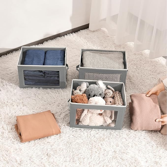 Homsorout Collapsible Storage Bins with Lids, 4 Pack Closet Cubes for Organization, Fabric Storage Baksets with Window, Clothes Organizer bins for Home, Dorm, Grey