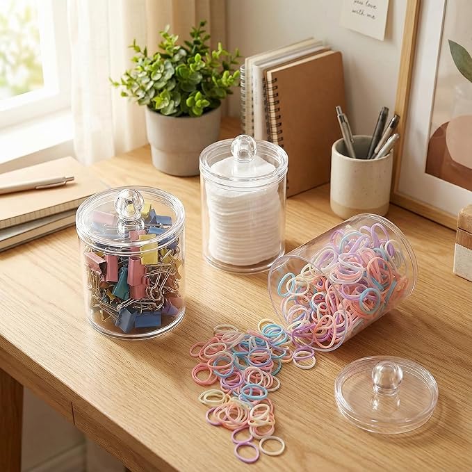 novelinks Acrylic Plastic Qtip Holder Dispenser, Apothecary Jar Canister Set with Lids for Cotton Swabs, Balls, Round Pads & Floss Picks - Bathroom Vanity Makeup Storage Container (Clear, 6 Pack)