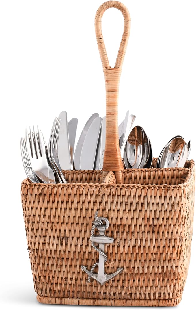 Vagabond House Coastal Woven Rattan Silverware Organizer, Natural Eco-Friendly 4-Compartment Kitchen Storage, Designer Wicker Utensil Holder for Beach House, Picnic, Party, Desk Outdoors