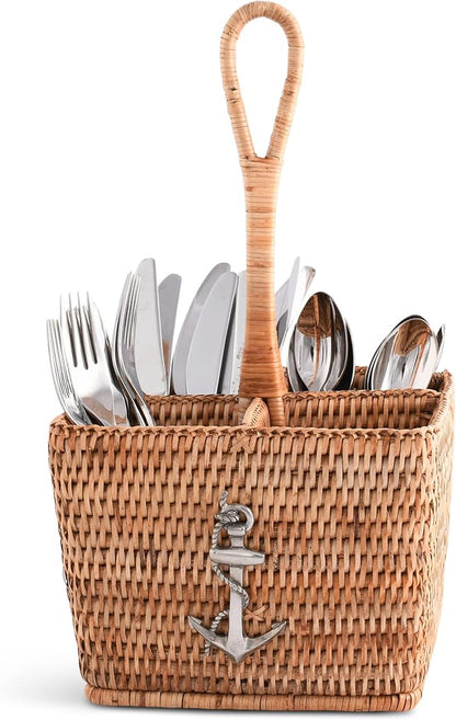 Vagabond House Coastal Woven Rattan Silverware Organizer, Natural Eco-Friendly 4-Compartment Kitchen Storage, Designer Wicker Utensil Holder for Beach House, Picnic, Party, Desk Outdoors
