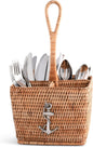 Vagabond House Coastal Woven Rattan Silverware Organizer, Natural Eco-Friendly 4-Compartment Kitchen Storage, Designer Wicker Utensil Holder for Beach House, Picnic, Party, Desk Outdoors