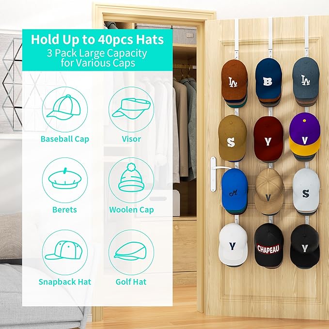 HapiRm Over Door Hat Rack - 3 Packs Hat Organizer with 12 Hooks Design, Hanging Baseball Cap Organizer Storage Holds Up to 60 Caps for Door, Bedroom, Closet (White)