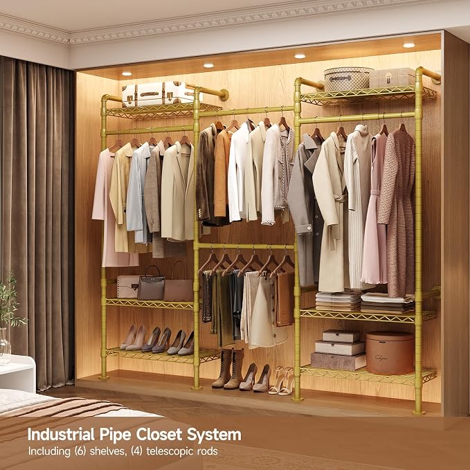 Wall-Mounted 3-Section Closet System, Expandable Industrial Pipe Clothing Rack with 4 Telescopic Rods & 6 Mesh Shelves, Heavy Duty Garment Organizer for Walk-In Closets & Bedrooms, Gold