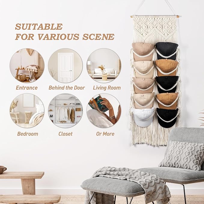 Macrame Hat Hangers for Wall Handmade Boho Baseball Cap Hanger Hand Knitting Cap Organizer Hat Holder for Wall Over Door Ball Hat Rack for Decoration Wardrobe Living Room Bedroom