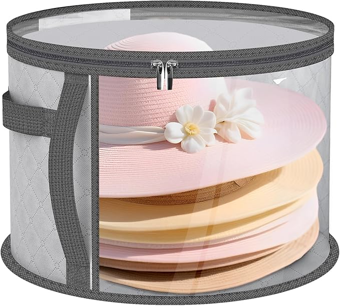 Adorila Clear Hat Storage Bag with Carrying Handles - 16.5" Large Closet Organizer for Baseball Caps, Cowboy Fedoras or Sun Hats (Grey)
