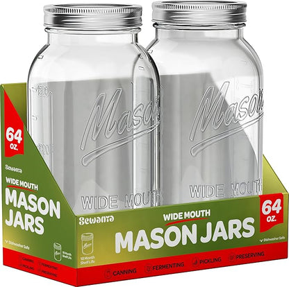 Wide Mouth Mason Jars 64 oz [3 Pack] With Mason Jar Lids and Bands, Mason Jars 64 oz - For Canning, Fermenting, Pickling - Jar Decor - Microwave/Freeze/Dishwasher Safe.