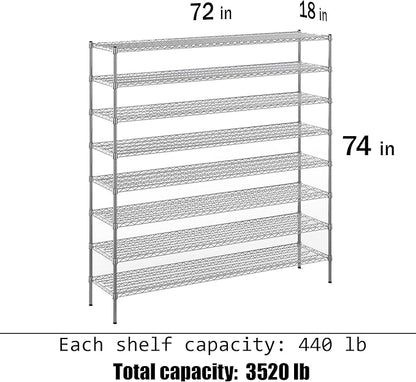 18" Deep x 72" Wide x 74" Height Wire Shelving Kit | 8-Tier | NSF Commercial Storage Rack Unit