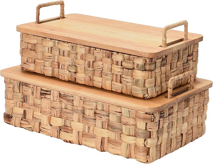 Household Essentials Stackable Hyacinth Baskets with Oak Lids, Natural, Set of 2