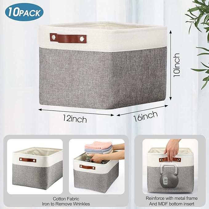 Uiifan 10 Pcs Collapsible Storage Bins Fabric Foldable Storage Basket with Handles Cloth Organizer Linen Shelf Baskets for Shelves Home Closet Nursery Toys(16 x 12 x 10 Inch,Gray and White)