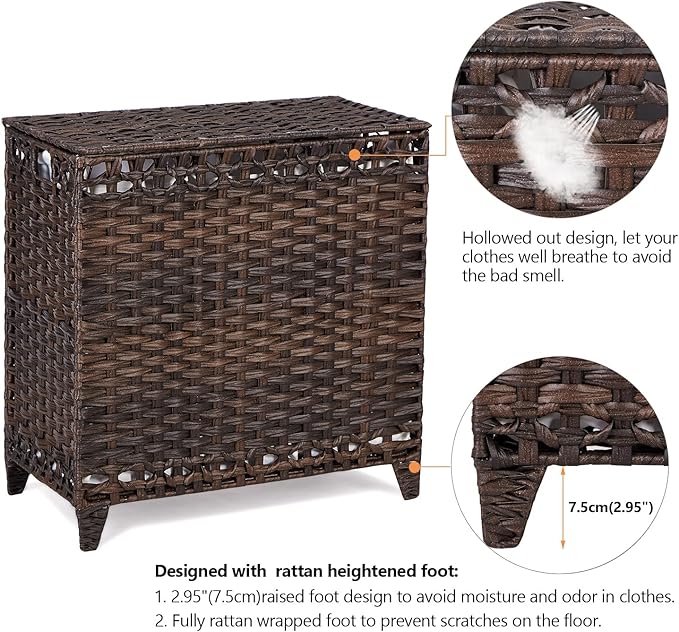 Laundry Hamper with 3 Removable Liner Bags; 132L Handwoven Rattan Laundry Basket with Lid & Heightened Feet; Clothes Hamper with Side Handles; Laundry Sorter with 3 Separate Sections
