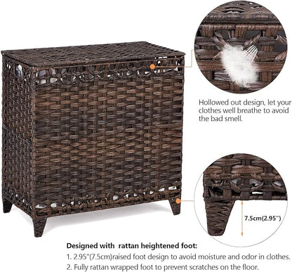 Laundry Hamper with 3 Removable Liner Bags; 132L Handwoven Rattan Laundry Basket with Lid & Heightened Feet; Clothes Hamper with Side Handles; Laundry Sorter with 3 Separate Sections