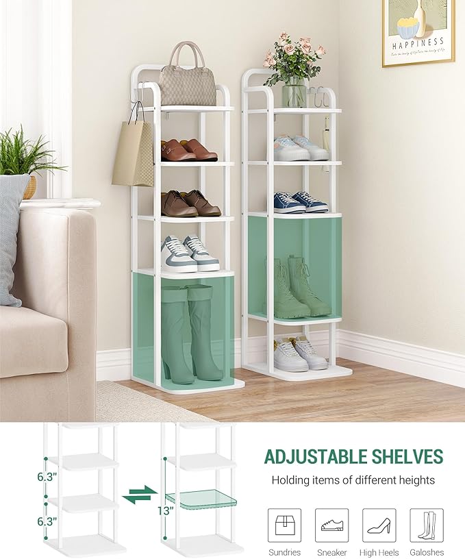 Hzuaneri 6 Tiers Vertical Shoe Rack, Narrow Shoe Tower, Tall Shoes Shelf with 2 Hooks, Adjustable Shelves, Corner Shoes Shelves for Small Spaces, Entryway, Living Room, White SR04213W