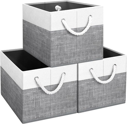 Fab totes Storage Bins 3-Pack, Foldable Storage Baskets for Organizing Toys, Books, Shelves, Closet, Large Storage Box with Rope Handles, Sturdy Organizer Bins, White & Grey
