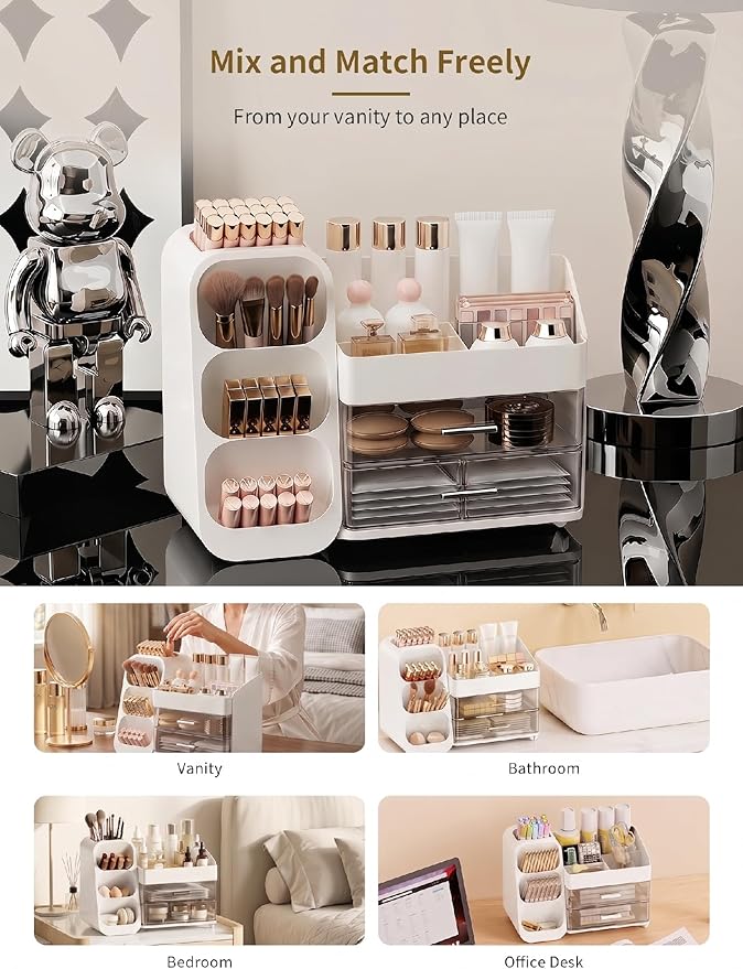Booklov Makeup Organizer for Vanity, Large Capacity Cosmetic Display Case with Clear Acrylic Drawer, Countertop Beauty Storage Holder for Skincare, Brush Eyeshadow Lipstick Counter Desk, Crystal White
