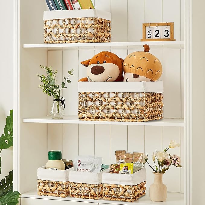 Vagusicc Wicker Storage Basket, 6 Pack Baskets for Organizing, Water Hyacinth Storage Baskets, Rectangular Wicker Baskets for Storage Shelves, Cube Storage Bins For Closet/Clothes/Dresser