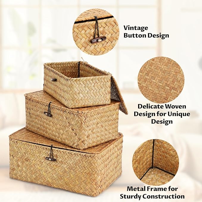 3Pcs Wicker Storage Baskets with Lid, Handwoven Seagrass Basket Bins Decorative Storage Rectangular Boxes for Shelves Desktop Home Organizer