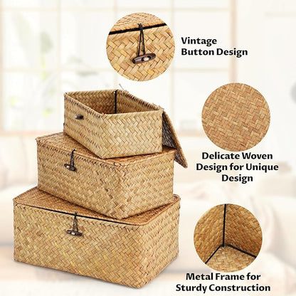 3Pcs Wicker Storage Baskets with Lid, Handwoven Seagrass Basket Bins Decorative Storage Rectangular Boxes for Shelves Desktop Home Organizer