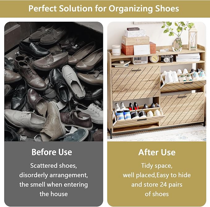 Shoe Cabinet for Entryway,Large Shoe Storage Cabinet with 4 Flip Drawer,Narrow Shoe Organizer Rack with Open Storage Shelf for Hallway,Closet