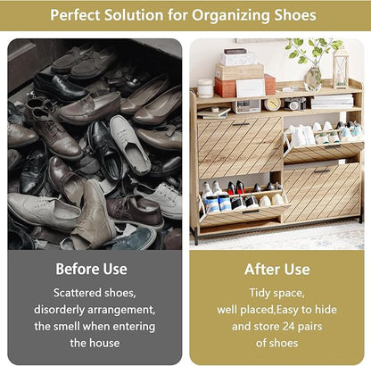 Shoe Cabinet for Entryway,Large Shoe Storage Cabinet with 4 Flip Drawer,Narrow Shoe Organizer Rack with Open Storage Shelf for Hallway,Closet