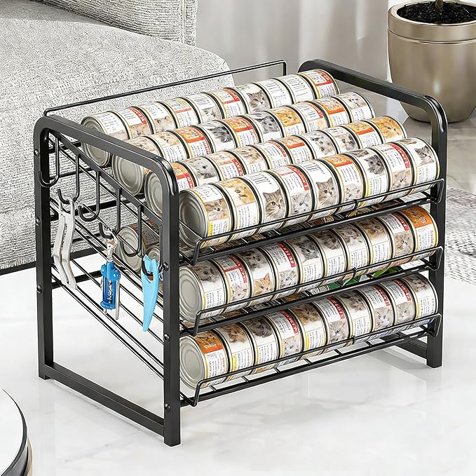 Iron Cat Food Container, Can Organizer for Pantry, Pet Food Storage Containers, 3-Tier Can Stackable Storage Rack with 6 Fixed Hooks, Canned Goods Organizer for Countertop Kitchen Cabinet, Black