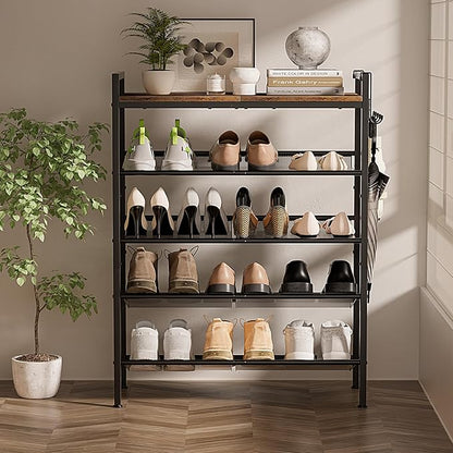 5 Tier Shoe Rack, Shoe Rack for Entryway with Hook, Shoe Organizer with Adjustable Mesh Shelves, Metal Shoe Storage, Closet, Bedroom Living Room Garage