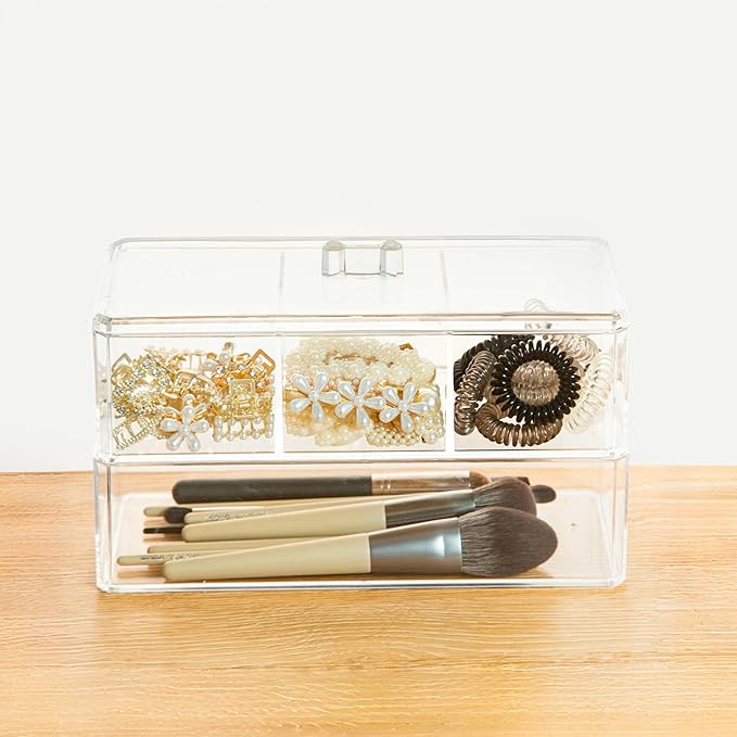 2Layer Hair Accessories Organizer for Girls, Acrylic Hair Tie Organizer for Headband, bows, Hair Clip, Cotton Swab Organization, Hair Clip Holder, Hair Organizer Storage with Lid