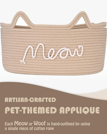 Sea Team Cat Toy Basket with Handles, 16.5 x 11 x 7 Inches, 4.4 Gallons Large Cotton Rope Storage Bin, Box, Shelf Organizer for Pet Chew Toys, Foods, Beige Meow