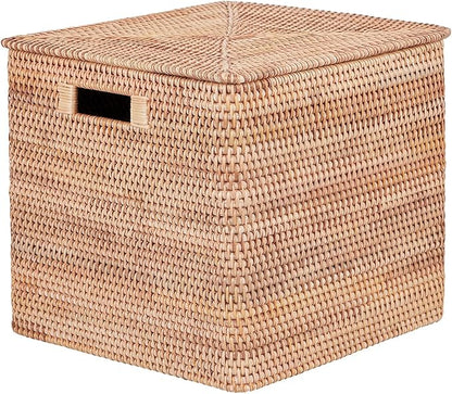 Rattan Basket With Lid, Large Lidded Basket For Storage (15.75" L×15.75"W×11.81"H)