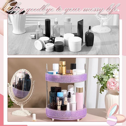 Honeydak 360 Rotating Perfume Organizer for Mother Day Nurse Day Rhinestone Bathroom Counter Organizer Makeup Holder Skincare and Perfume Storage for Cosmetic Countertop(2 Tiers,Pearl,Purple)