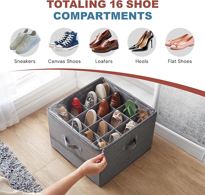 Under Bed Shoe Storage Organizer 16 Compartment, Foldable Shoe Organizer Under Bed with Clear PVC Lid, Shoe Storage Box with Zipper & Handle for Closet Bedroom, Grey, Pack of 2