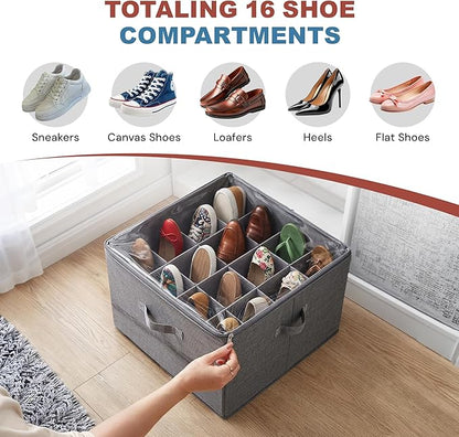Under Bed Shoe Storage Organizer 16 Compartment, Foldable Shoe Organizer Under Bed with Clear PVC Lid, Shoe Storage Box with Zipper & Handle for Closet Bedroom, Grey, Pack of 2