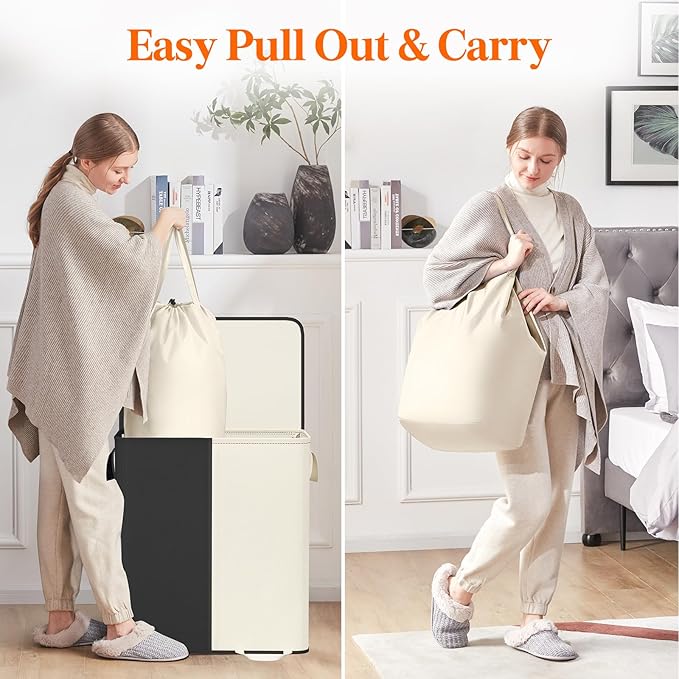 Lifewit Double Laundry Hamper with Lid and Removable Laundry Bags, Large Collapsible 2 Dividers Dirty Clothes Basket with Handles for Bedroom Laundry Room Closet Bathroom College, 155L White&Black
