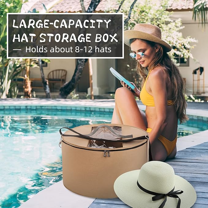 LitLandstar Hat Organizer Round Storage Box Portable Felt Container Foldable Hat Holder with Dust Proof Lid, Hat Rack for Closet or Travel (17" D x 10" H, Khaki)