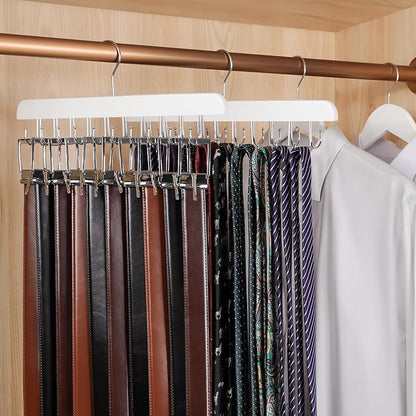 TOPIA HANGER 2 Pack 2 in 1 Belt Tie Hanger for Closet Max 60 Belts with 60 Ties Capacity, 40 Hooks Belt Tie Racks Wooden Hanger for Closet Organizer Storage “U” Fit Belt and “一” Fit Tie - CT52W