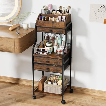 SWTYMIKI Rolling Makeup Organizer Cart - Floor Skincare Storage with Non-woven Drawers, Vanity Organizer Cosmetic Display Cases with Wheels, Cabinet for Skin Care Perfume Nail Polish Brush Hair Tool