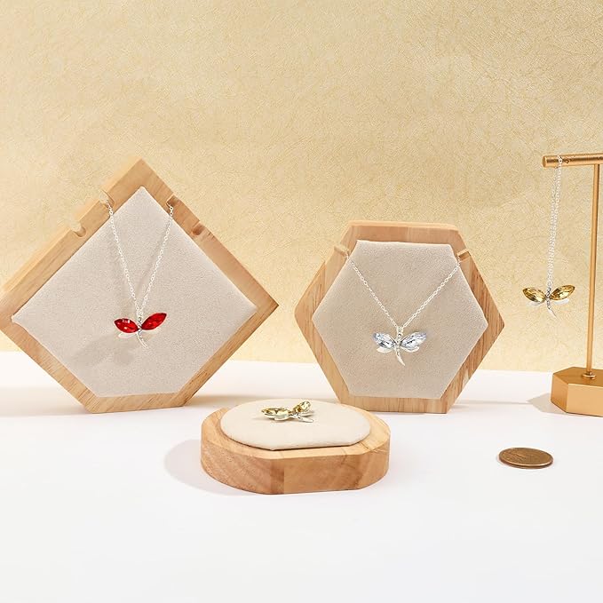 CHGCRAFT Hexagon Wooden Single Necklace Displays Stands Tabletop Pendant Necklace Display Holder with Cornsilk Velvet and Iron Hooks for Long Necklace Retail Jewelry Easel Display, 4.45x3.88x0.75inch